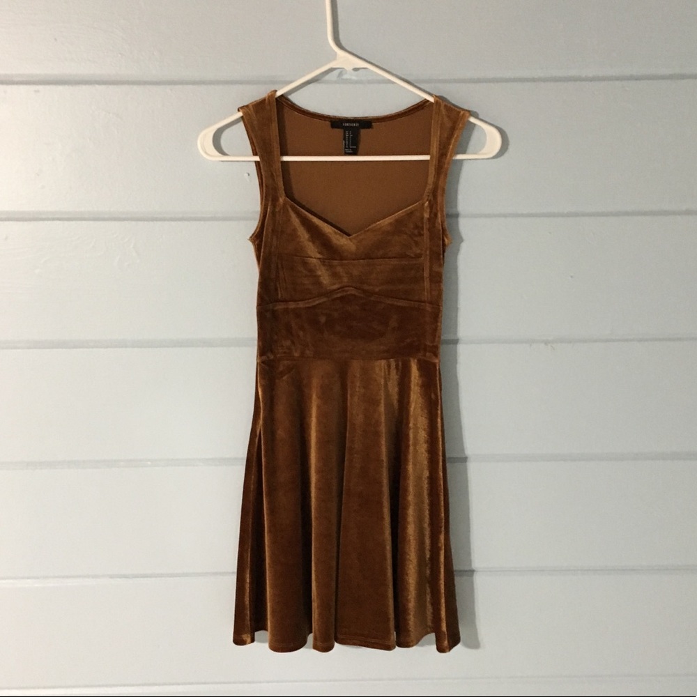 bronze velvet fit and flare dress